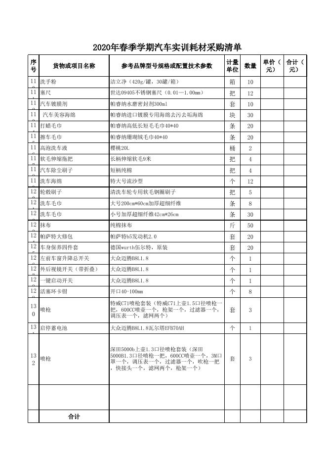 附件：2020年春季学期汽车工程系学生耗材购置清单（挂网）.xls