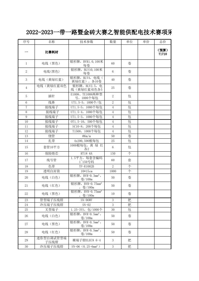 附件分项二：2022-2023一带一路暨金砖大赛之智能供配电技术赛项采购清单（挂网）.xls