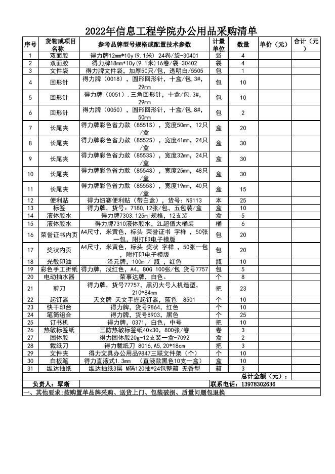 附件 2022年信息工程学院办公用品采购购置清单.xls