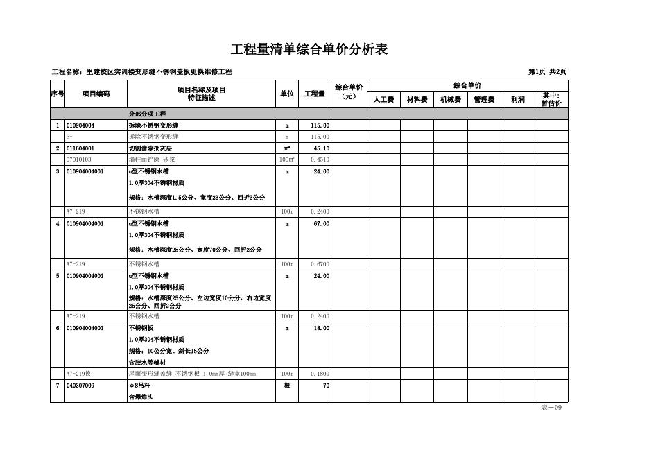 里建校区实训楼变形缝不锈钢盖板更换维修工程清单.xls