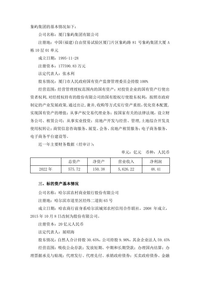 厦门象屿关于与控股股东签署哈尔滨农商行股份意向转让协议的提示性公告.pdf