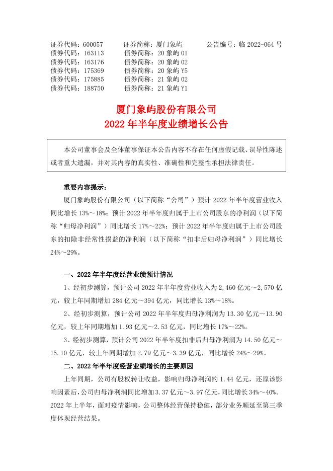 厦门象屿2022年半年度业绩增长公告.pdf