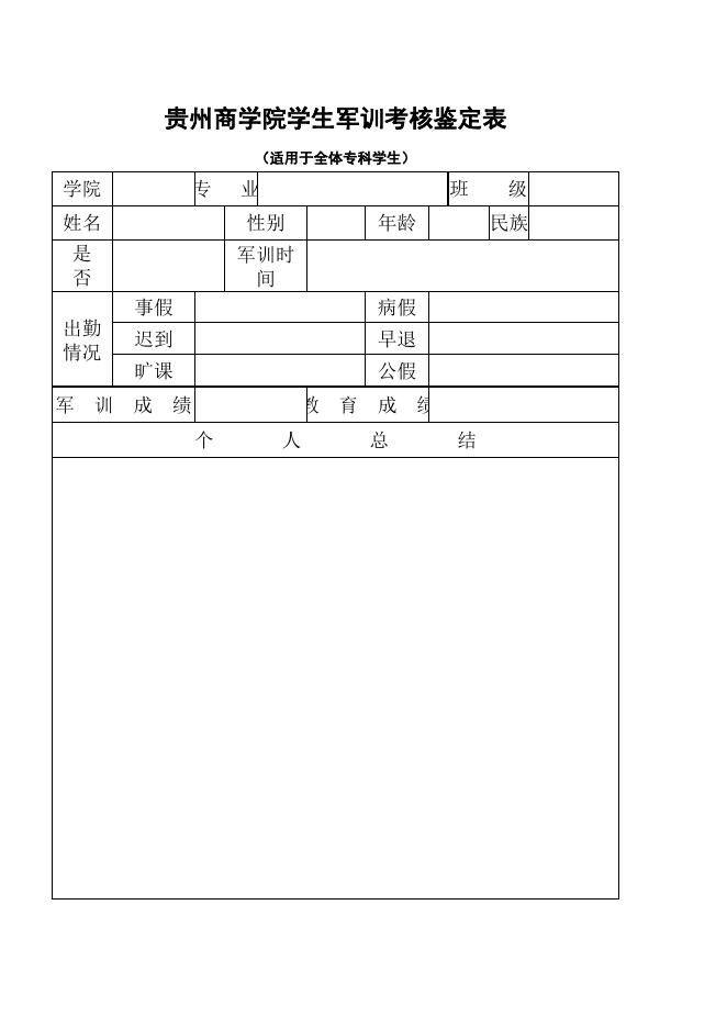 贵州商学院学生军训考核鉴定表（专科）.xls