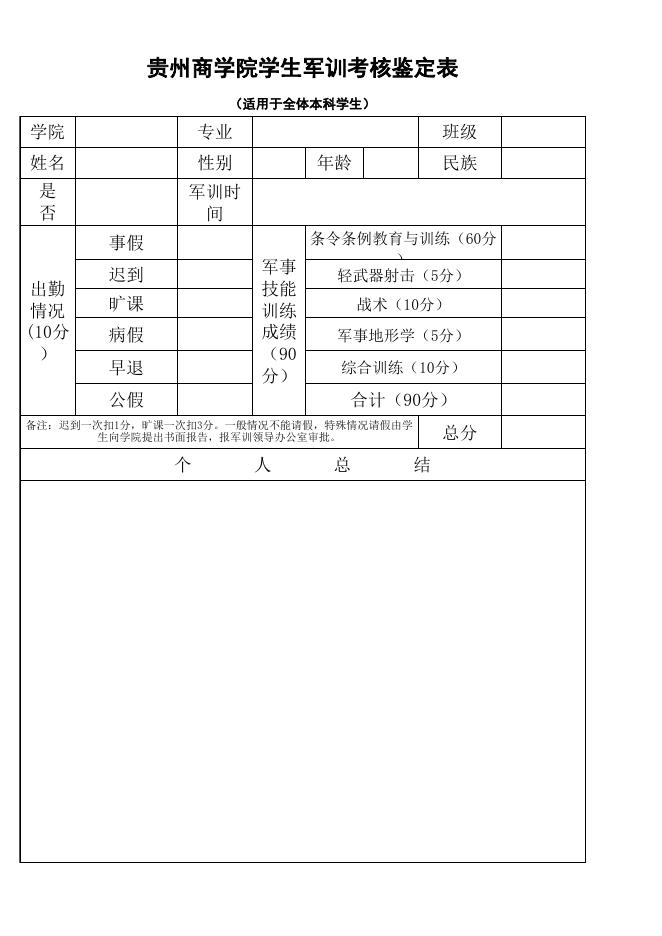 贵州商学院学生军训考核鉴定表（本科）.xls