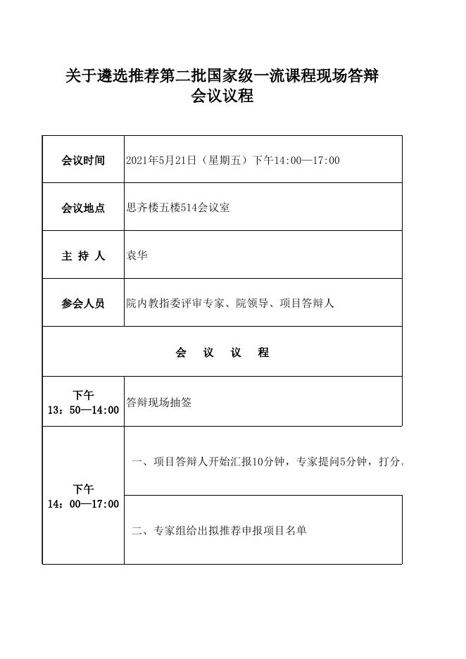 附件2：学院关于遴选推荐第二批国家级一流课程现场答辩会议议程.xls