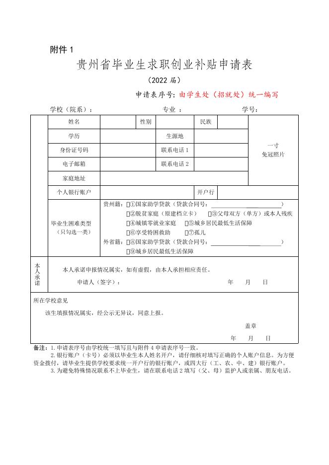 附件1 贵州省毕业生求职创业补贴申请表.docx