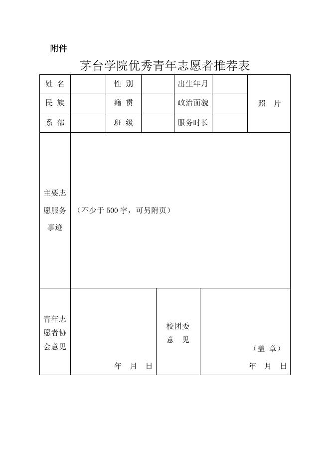 茅台学院优秀青年志愿者推荐表docx.docx