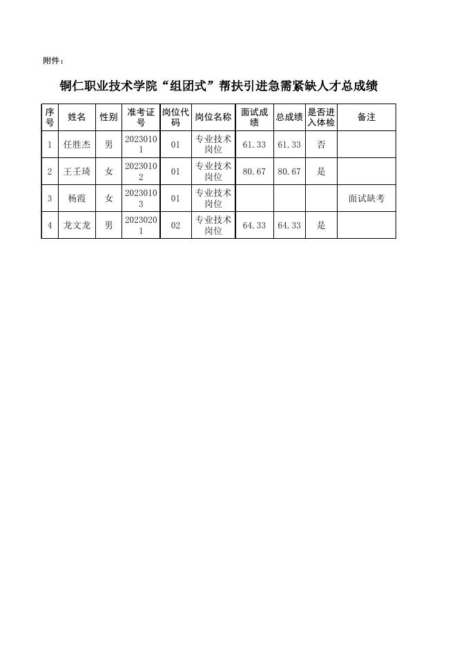 铜仁职业技术学院“组团式”帮扶引进急需紧缺人才总成绩.xlsx