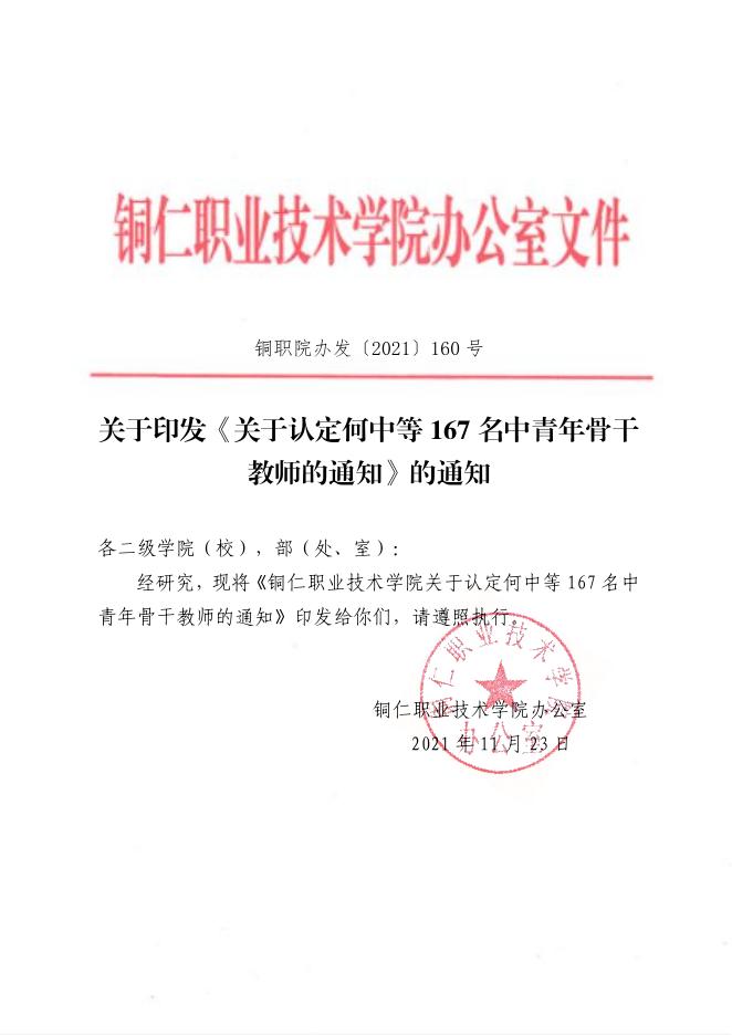 铜职院办发〔2021〕160号-关于印发《铜仁职业技术学院关于认定何中等167名中青年骨干教师的通知》的通知.pdf