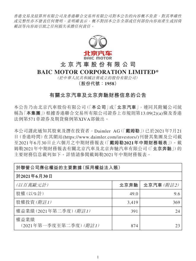 01958--北京汽车:有关北京汽车及北京奔驰财务信息的公告 2021年07月21日.pdf