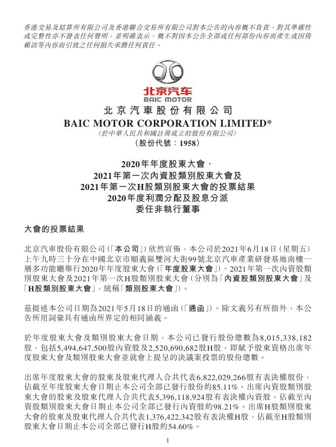 01958--北京汽车:2020年年度股东大会、2021年第一次内资股类别股东大会及2021年第一次H股类别股东大会的投票结果；2020年度利润分配及股息分派；委任非执行董事 2021年06月18日.pdf