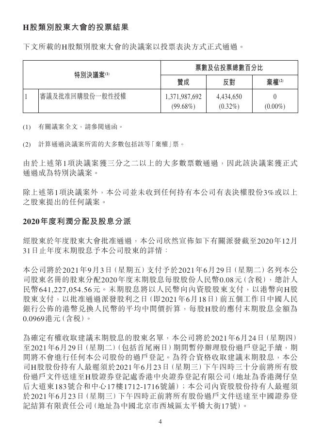 01958--北京汽车:2020年年度股东大会、2021年第一次内资股类别股东大会及2021年第一次H股类别股东大会的投票结果；2020年度利润分配及股息分派；委任非执行董事 2021年06月18日.pdf