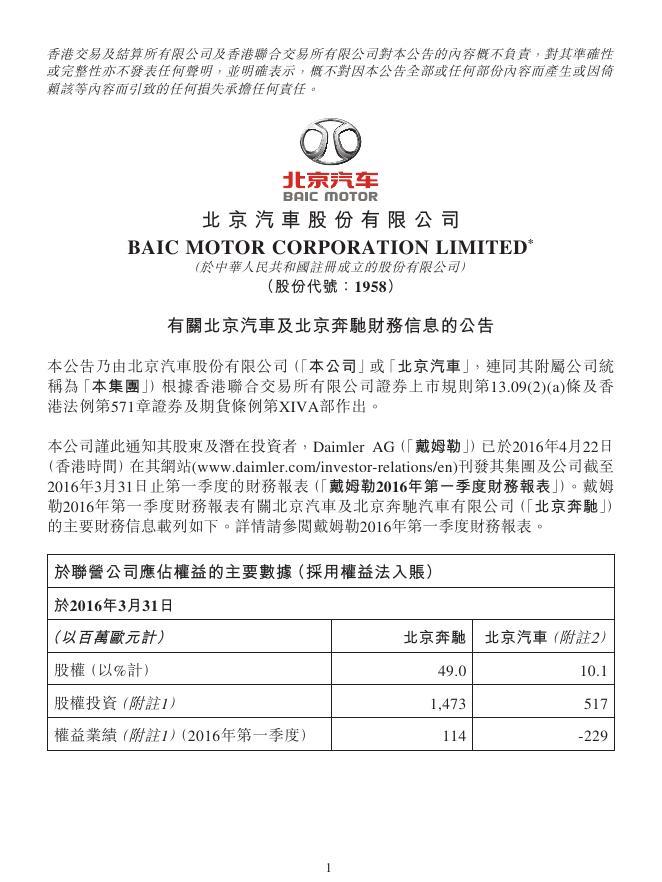 01958--北京汽车:有关北京汽车及北京奔驰财务信息的公告 2016年04月24日.pdf