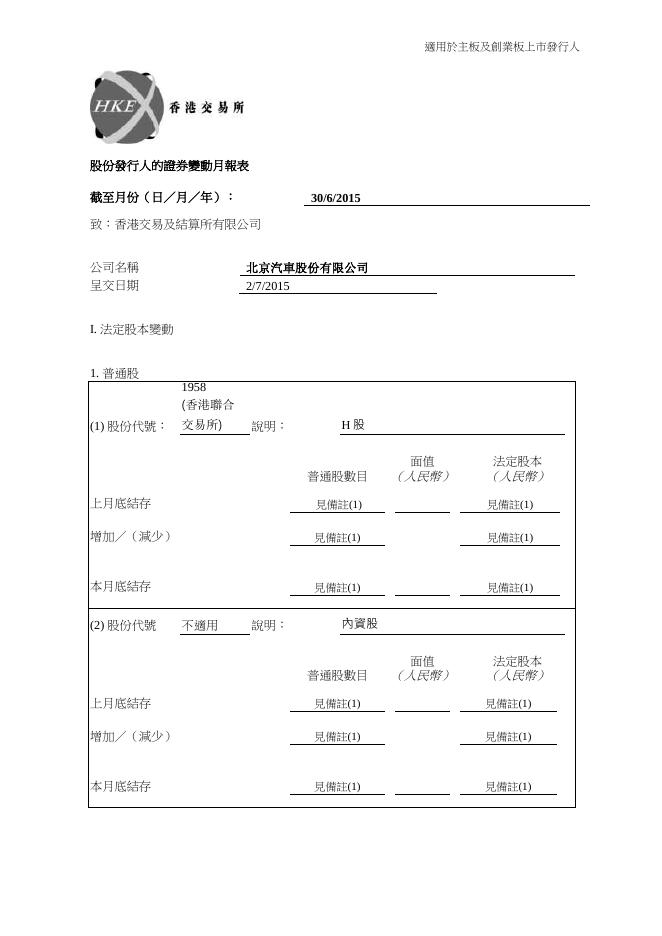 01958--北京汽车:截至二零一五年六月三十日止股份发行人的证券变动月报表 2015年07月02日.pdf