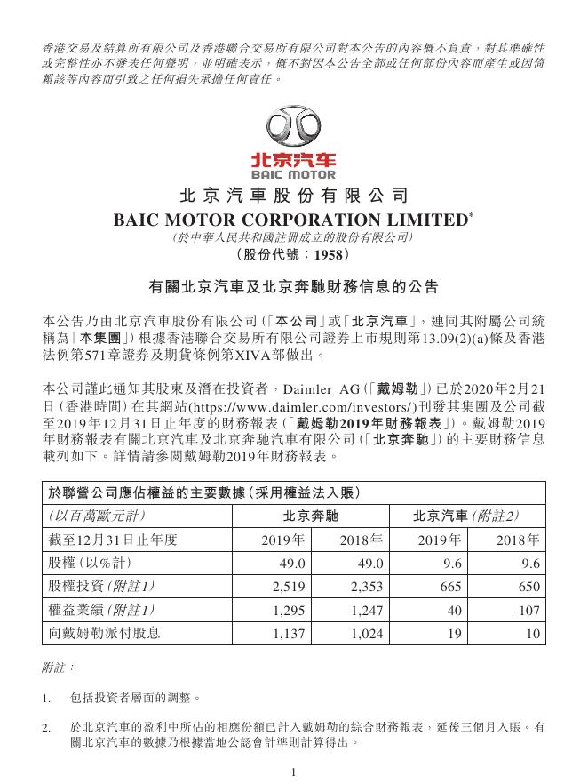 01958--北京汽车:有关北京汽车及北京奔驰财务信息的公告 2020年02月21日.pdf
