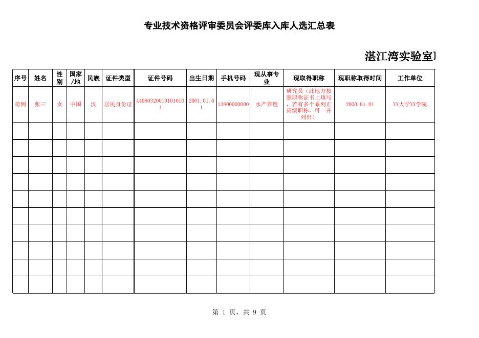 湛江湾实验室职称评审委员会评委库入库专家推荐表.xlsx