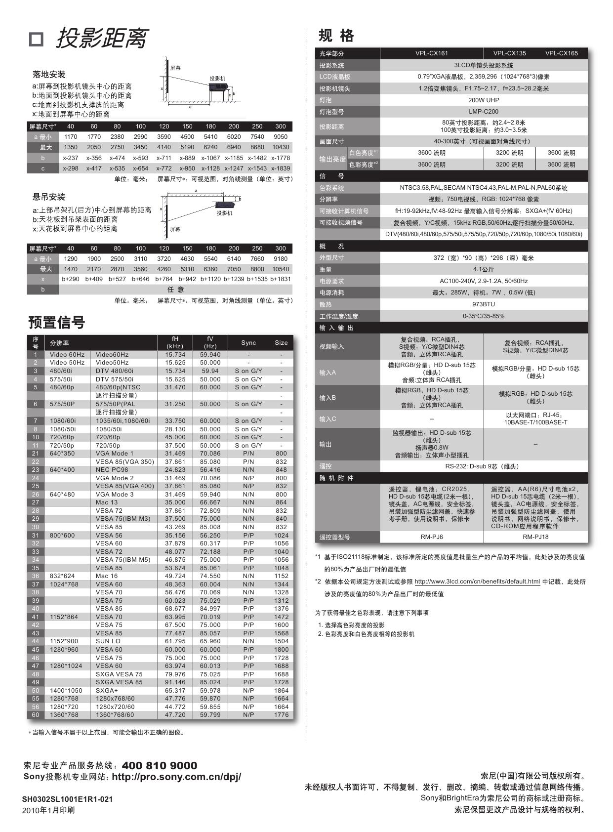 索尼 VPL-CX161投影机 使用说明书