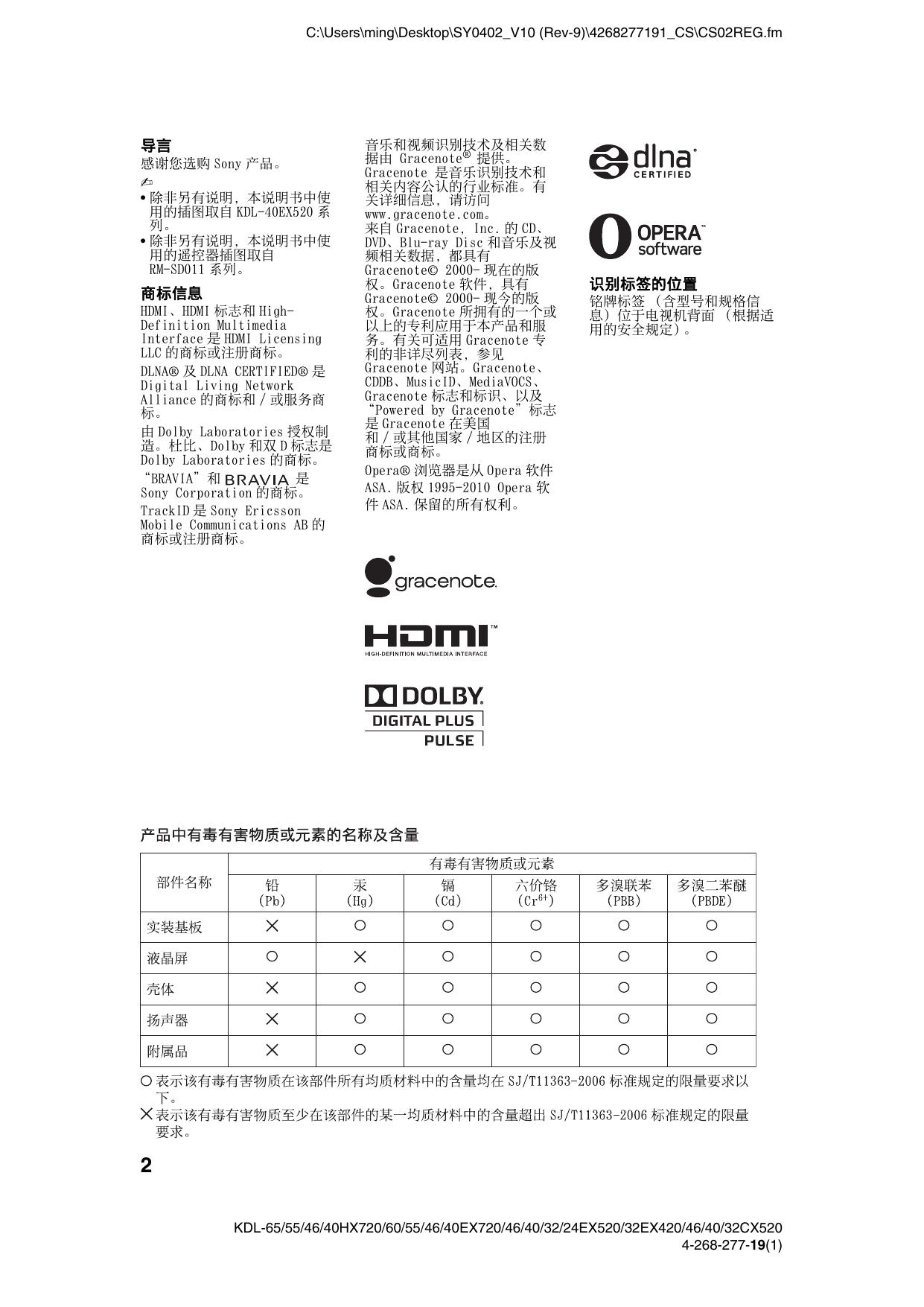 SONY KDL-46EX520 说明书