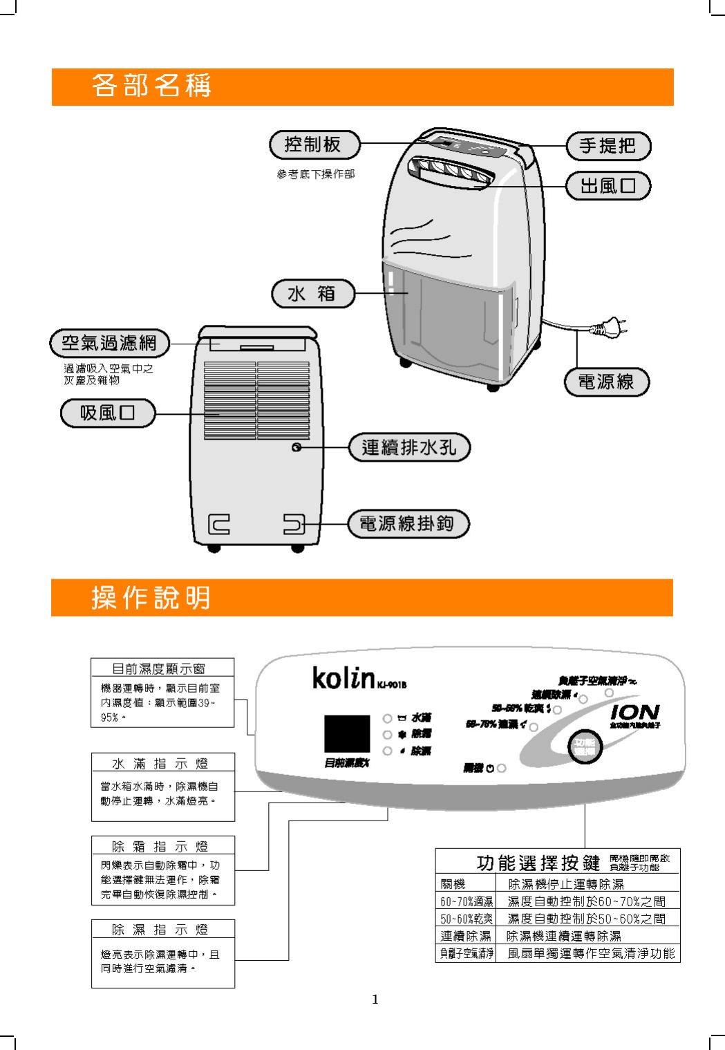 歌林 KJ-901B型除湿机 使用说明书