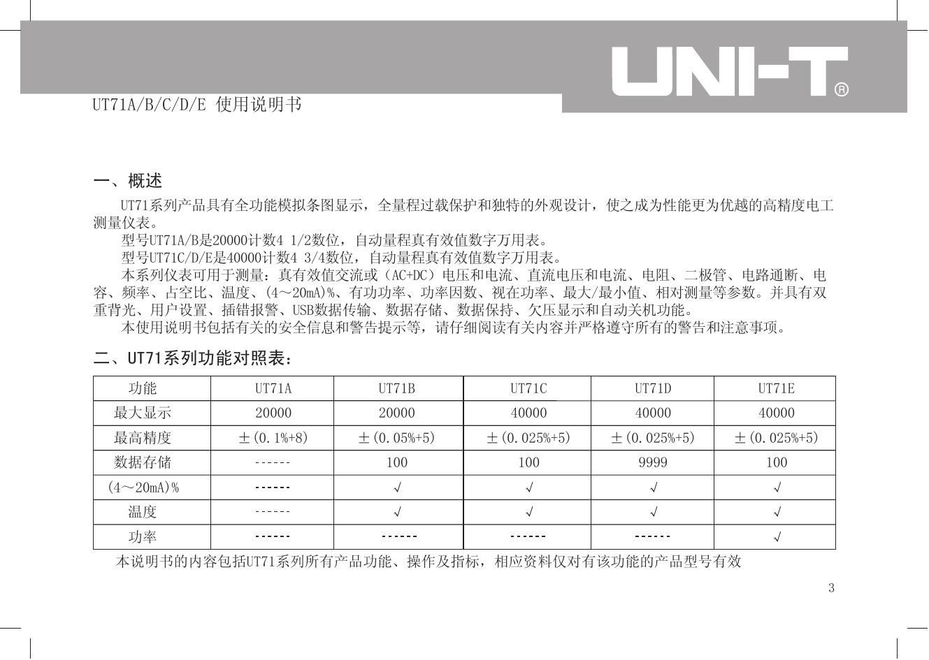 优利德UT71D智能型数字万用表使用说明书
