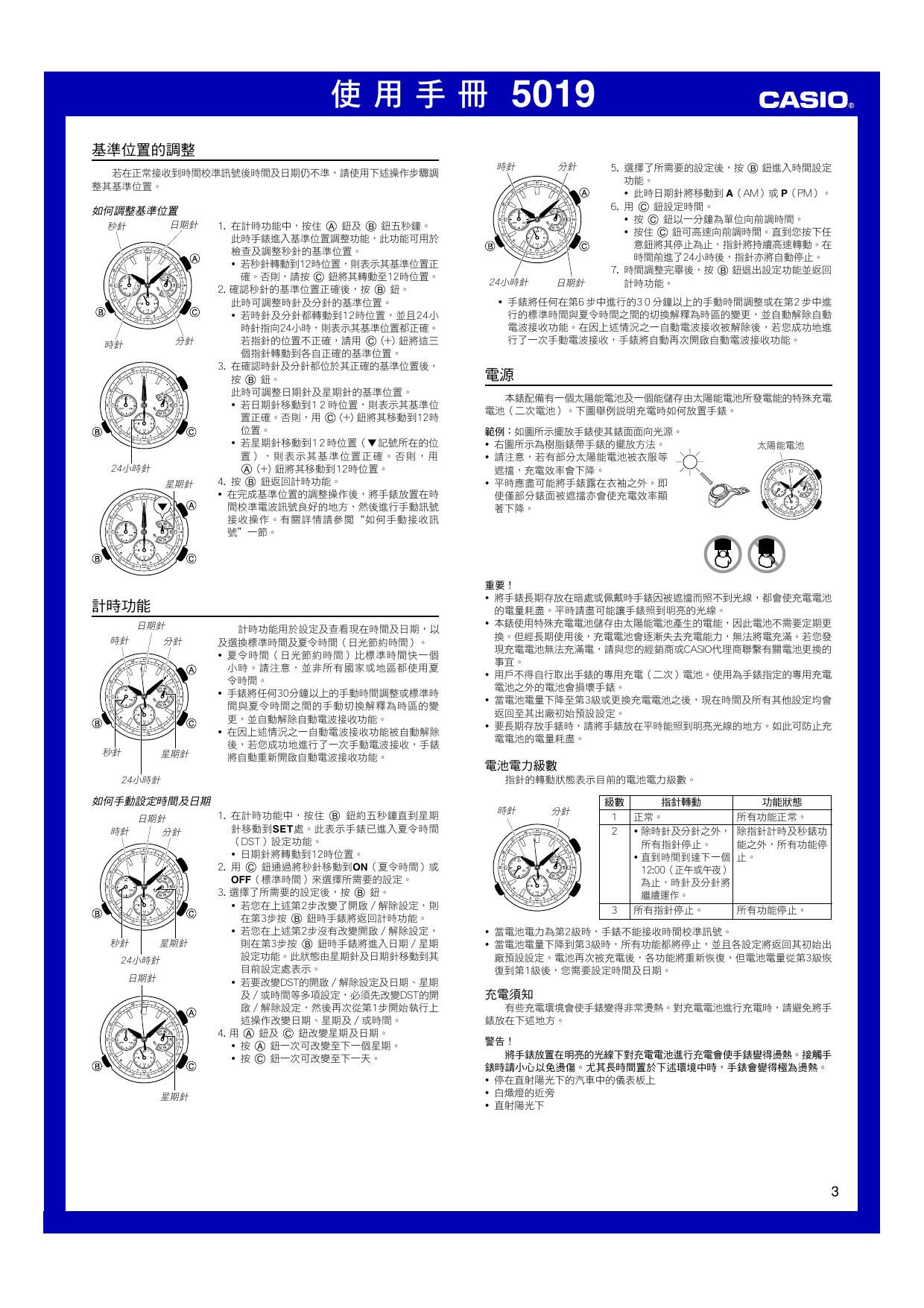 卡西欧 机芯型号:5019手表说明书